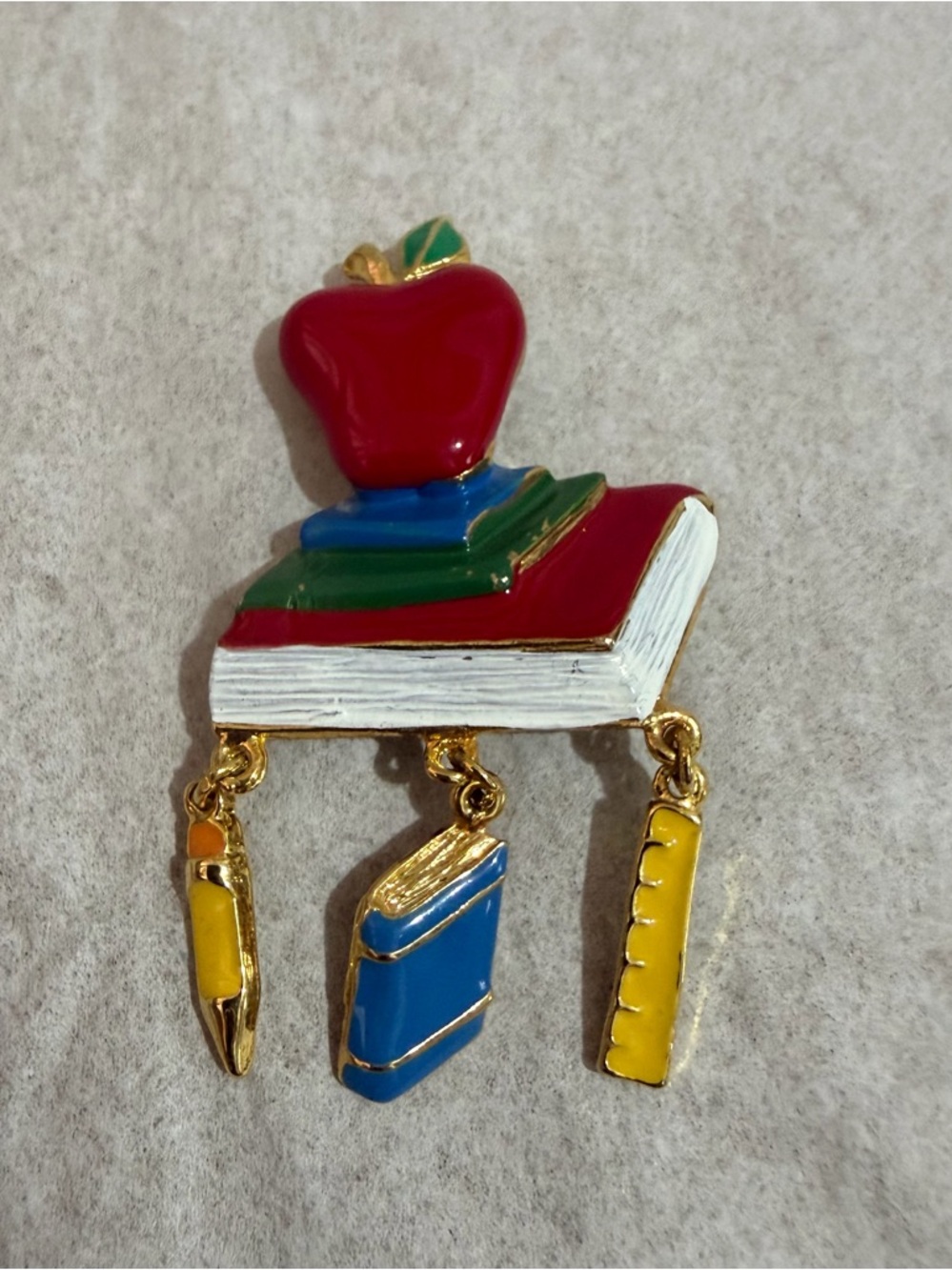 Teacher Dangle Pin/Brooch 
Apple Book Pencil Ruler 
Goldtone Metal